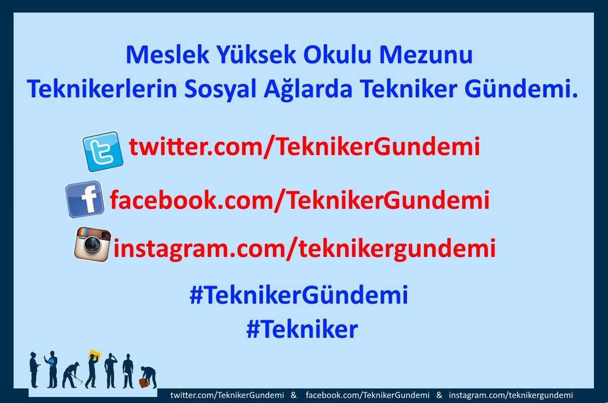 M.Y.O.Mezunu Teknikerlerin Sosyal Ağlarda Tekniker Gündemi
Bizi Takip Ediniz ve Sosyal Ağ Gündemlerimize Katılınız

#TeknikerGundemi
#Tekniker #MYO
#MeslekYüksekOkulu
#insaatteknikeri
#elektrikteknikeri
#haritateknikeri
#saglikteknikeri
#gidateknikeri
#Türkiye
#24Aralık #Perşembe