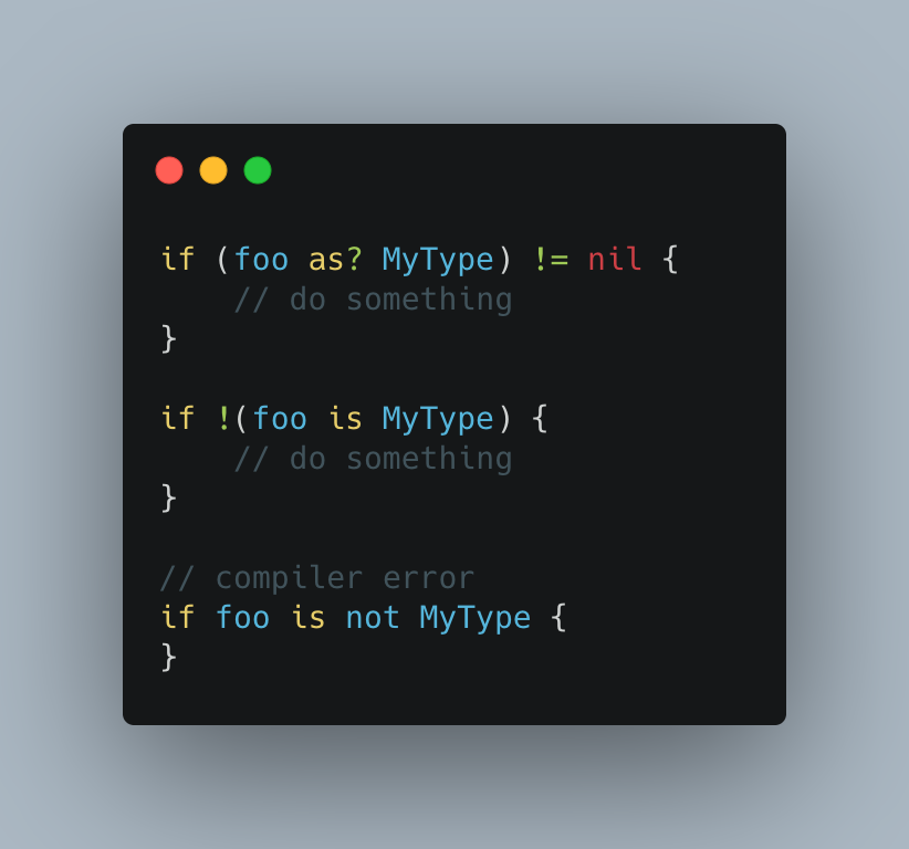 SiddarthKalra's tweet photo. I wish #Swift had a better way of expressing the concept of "is not a type". I know this is just syntactic sugar and all but an "is not" operator would enhance readability https://t.co/6eqViKFmQ2