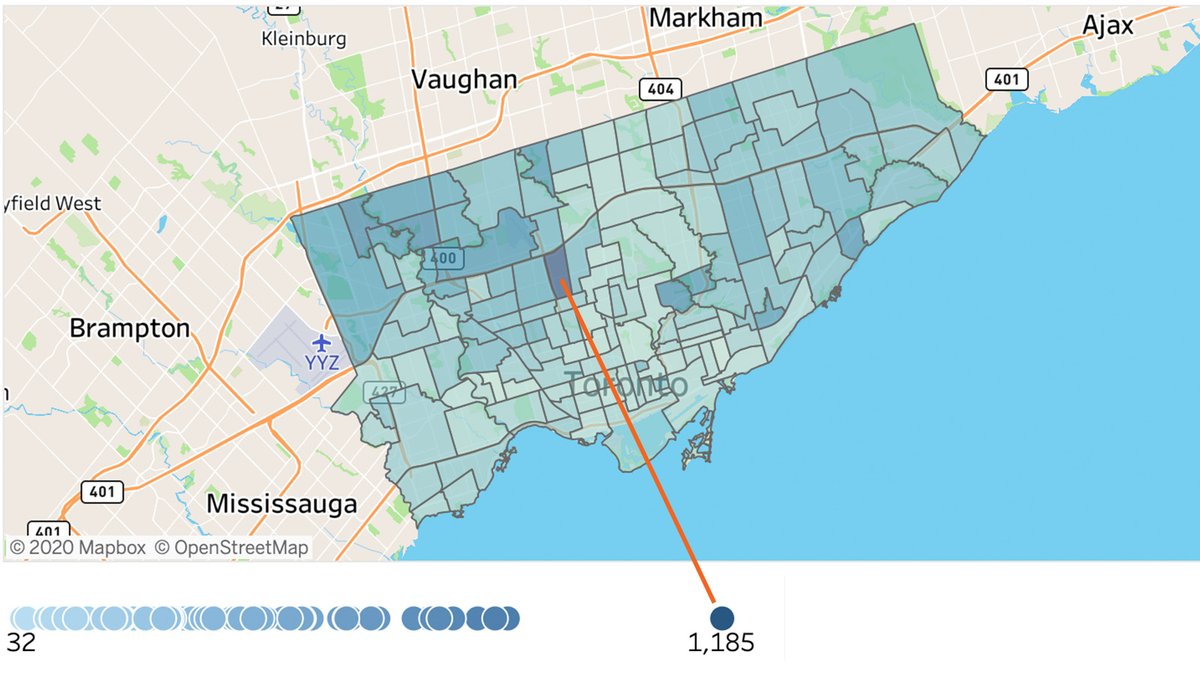 Lawrence Heights has flown under the radar throughout this pandemic. But with COVID cases now dangerously out of range with the rest of the city, it needs rapid attention.(Data: TPH, cases per 100,000 over the past 3 weeks, officially Englemount-Lawrence)