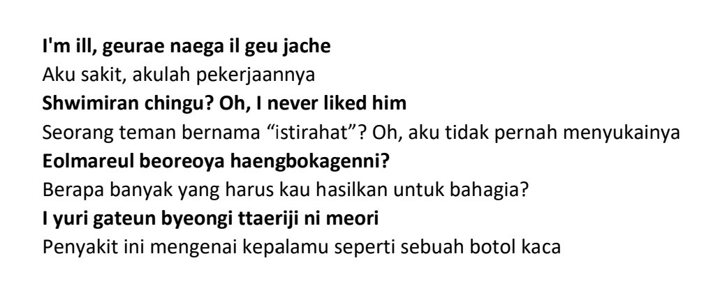 ‘ill’ dalam Bahasa Inggris berarti ‘penyakit’ dan dalam Bahasa Korea berarti ‘kerja’ dan disini RM mengatakan bahwa ‘kerja adalah penyakitnya’. Bangtan seperti memiliki tekanan dan obsesi pada pekerjaannya. Berikutnya RM menjelaskan bahwa dia tidak pernah suka seorang (con't)