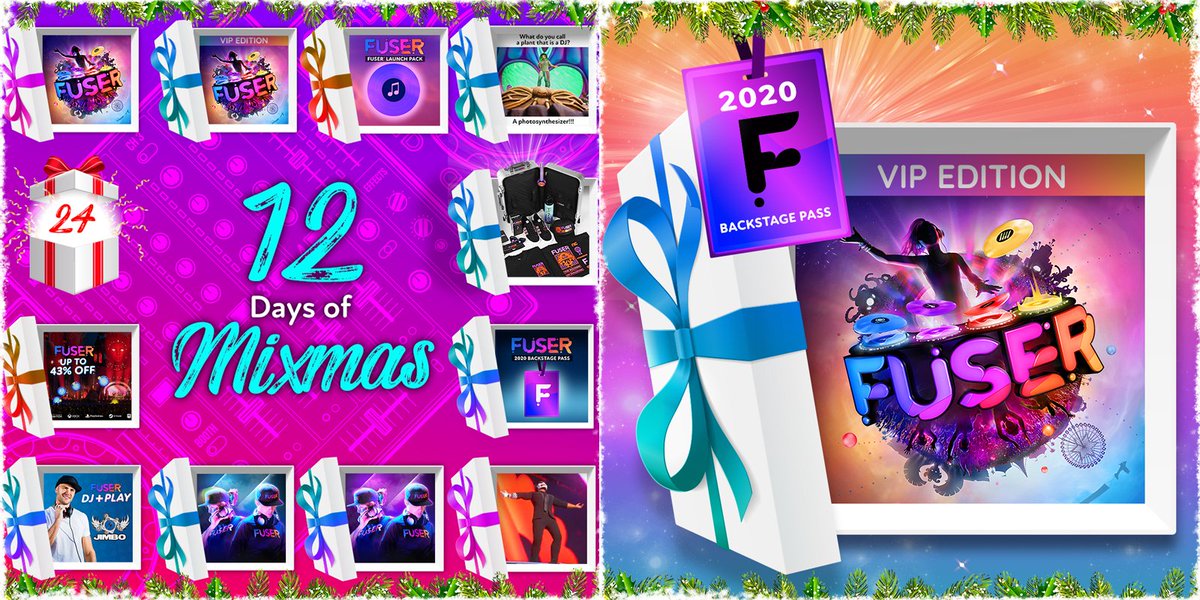 FUSERgame's tweet photo. #12DaysOfMixmas was a jolly good time but we have one last present to open. For DAY 12, get a chance to win a FUSER VIP Edition and Backstage Pass.🎁 Thanks for participating, and we wish you a happy holidays❗🎵 https://t.co/D1jg4wOkOt #PlayFUSER https://t.co/oOExzwe7vJ