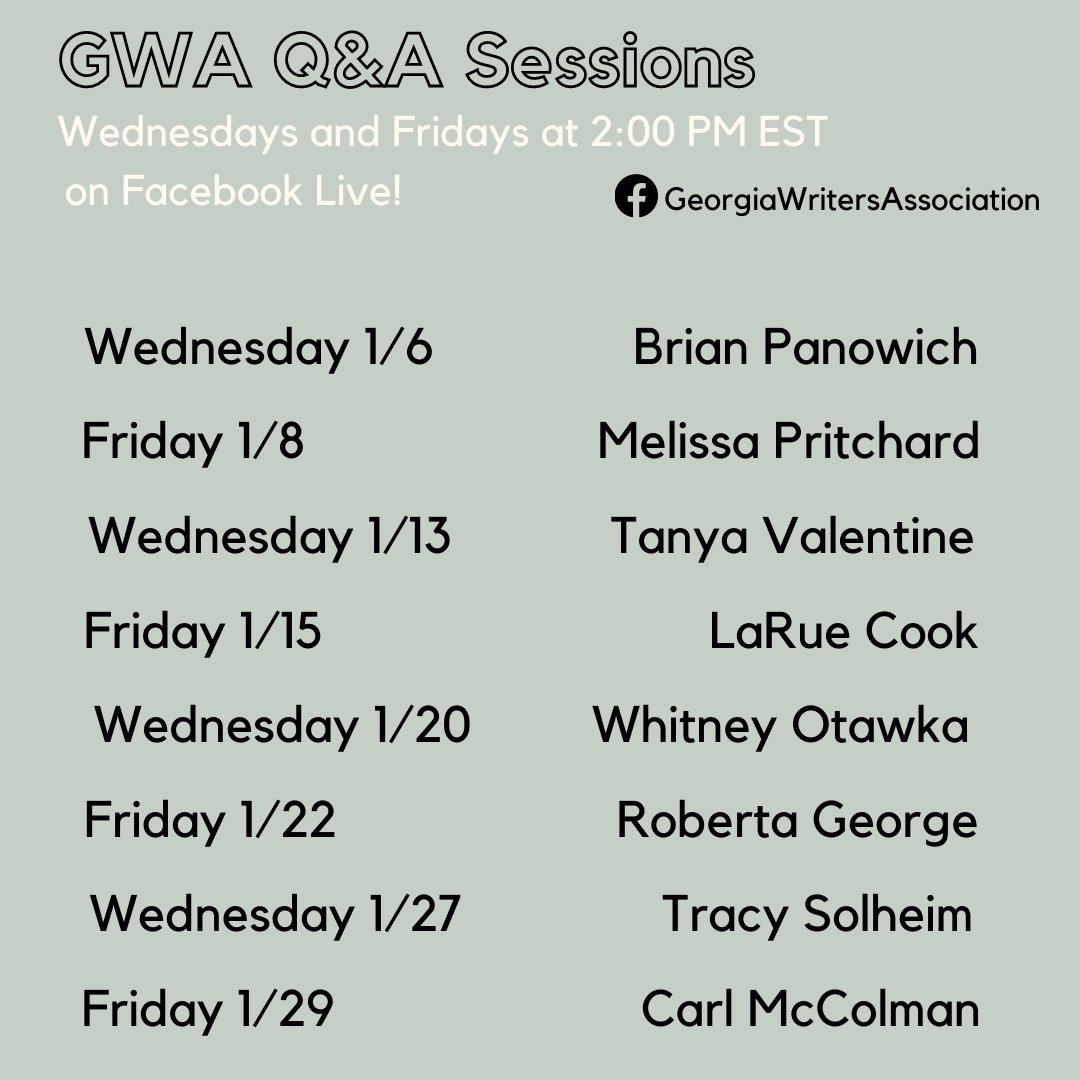 ✨We're starting 2021 off with Q&amp;As with award-winning writers on Facebook Live! 👉Be sure to tune in all month long for @BPanowich, Melissa Pritchard, <a href="/tanya_valentine/">Tanya Valentine</a>, @larue_cook, <a href="/WhitneyOtawka/">Whitney M. Otawka</a>, Roberta George, @TracyKSolheim, &amp; <a href="/CarlMcColman/">Carl McColman</a>! ✨ #georgiawritersassociation