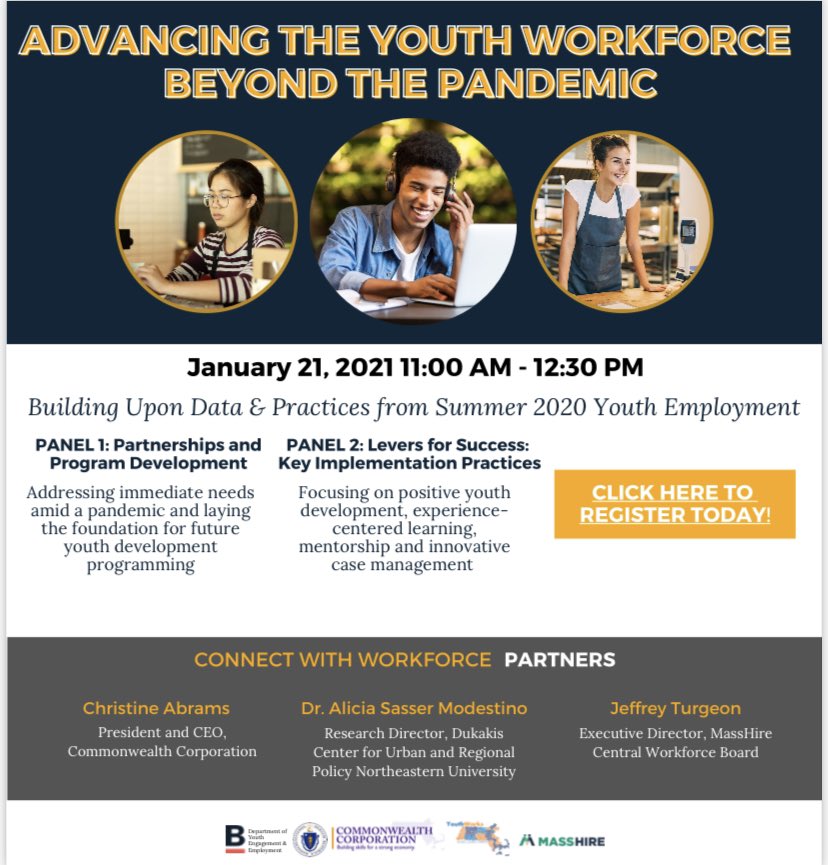 CommCorp_MA's tweet photo. Join us January 21st, 2021 to discuss key learnings from MA's successful pivot this summer to its virtual Summer Youth Employment Program-https://t.co/xRPpq7tiSE @SasserModestino, @MidoriMorikawa, @MasshireNCWB, @agamoran https://t.co/Cq9boeXVjh