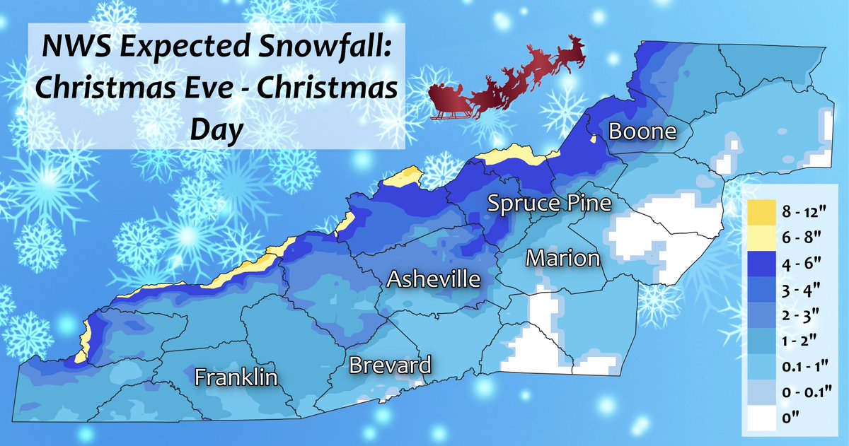 EFisherWX's tweet photo. Many folks across Western NC will wake up to a White Christmas tomorrow for the first time in 10 years! As always I'll stick with the NWS forecast, which shows 1-3" of snow throughout the Asheville area #NCwx #AVLwx https://t.co/VGJ6UpLZ3g