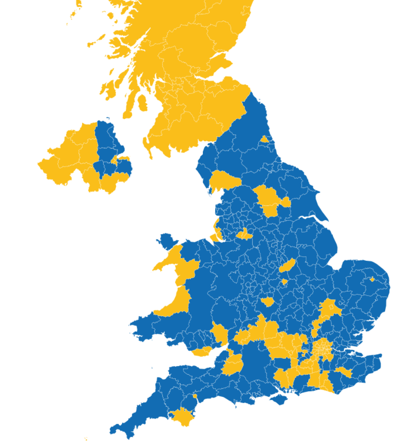 ProfTimBale's tweet photo. Wow BBC, of all the colours you could use to do your handy 'How the UK voted in the EU Referendum', you choose Lib Dem Yellow and Tory blue?  #partisansorting https://t.co/QsvXIBPNYG https://t.co/oeN5mO7cjj