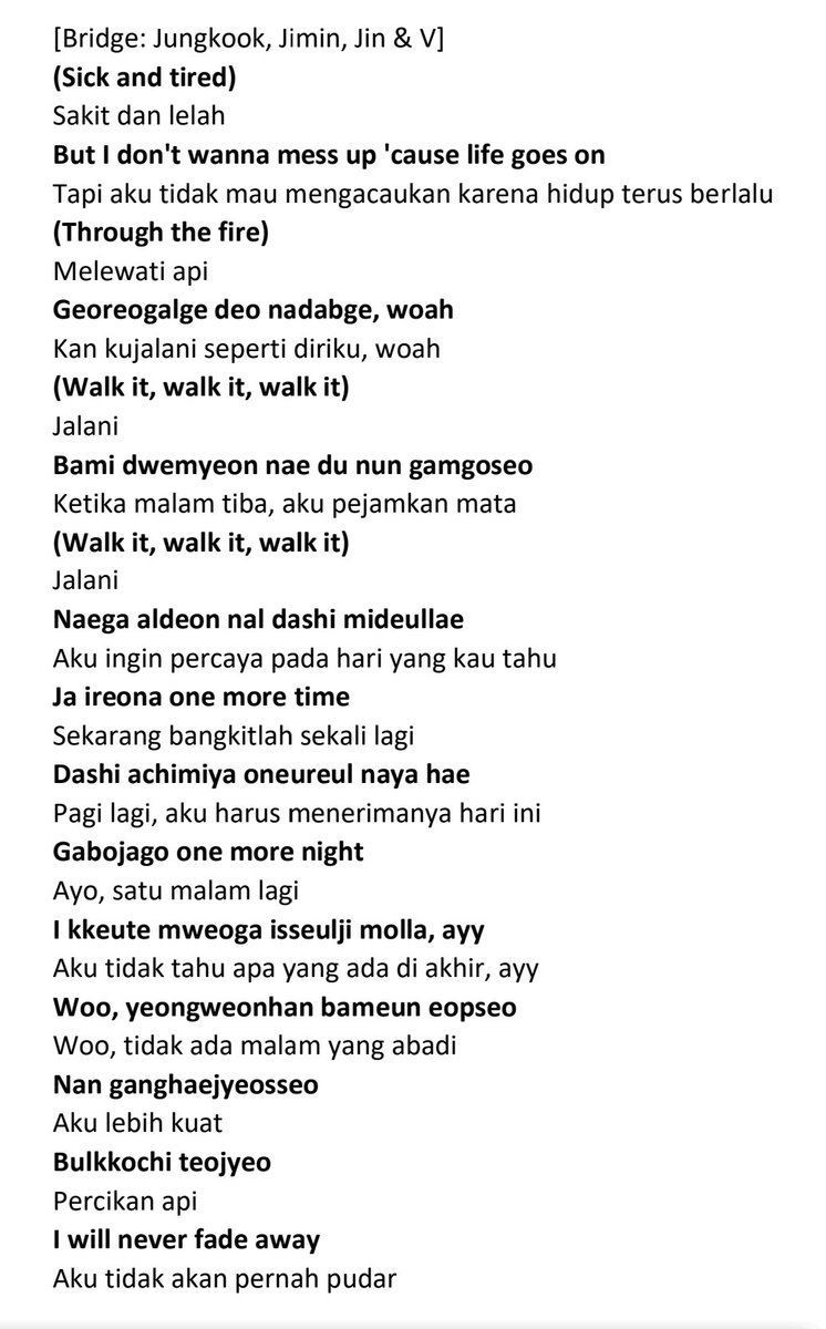 Di bagian bridge dijelaskan secara gamblang pesan tentang harapan dan keberanian. Semua orang yang mungkin sakit dan lelah dengan hidupnya atau berjuang dengan penyakit mental seharusnya tidak kehilangan harapan dan percaya dengan diri sendiri. Coba untuk bangkit dan (con't)