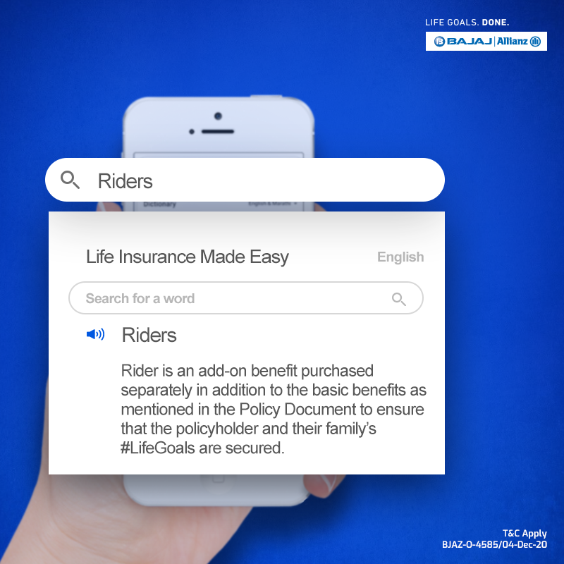 bajajlife_in's tweet photo. Riders are separate provisions that add benefits to or amend the terms of a basic insurance policy. Just like ‘Riders’, #LifeInsuranceMadeEasy caters to your needs by simplifying complex industry terms to help get your #LifeGoalsDone!
#LIME #InsuranceJargons #Riders https://t.co/SMvIsTDQ1V