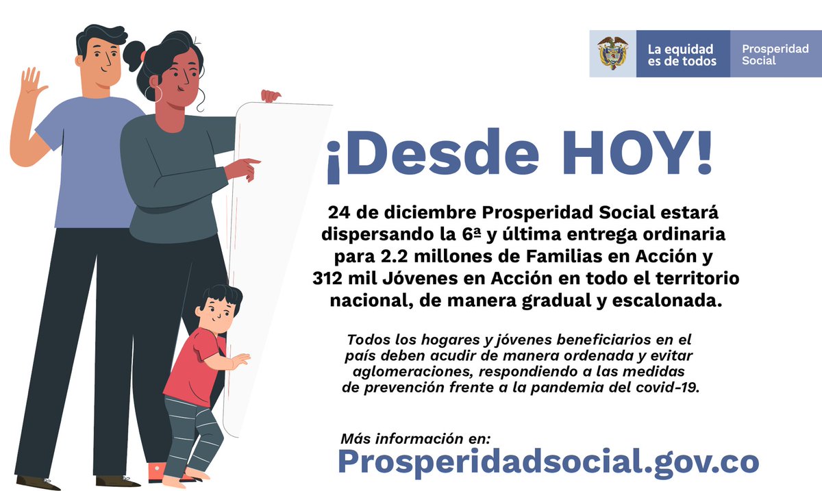 ProsperidadCol's tweet photo. .@ProsperidadCol inicia último pago del año para @FamiliasAccion y @JovenesAccionCo. Este sexto pago estará disponible desde el 23 y 24 de diciembre para 2,2 millones de hogares y 312 mil jóvenes respectivamente. Revisen toda la información en https://t.co/KgCqDdJaGQ https://t.co/Uj1buMfTEn