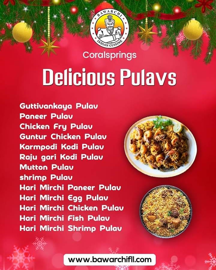 FllBawarchi's tweet photo. Entice your tastebuds with perfectly cooked Pulavs at Bawarchi Biryanis - Coral Springs

Contact us: (954) 344-3544
https://t.co/yi0YLVhWoh
#holiday #holidayseason #pulavs #pulavlove #bawarchi #florida #floridafoodies #food #coralsprings #coralspringfoodies #coralspringfood https://t.co/sSpldxyVYR