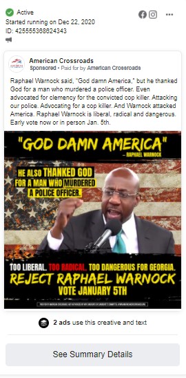 12. Then, on December 22, American Crossroads posted another ad WITH THE SAME FALSE ATTACK ON WARNOCK.IT WAS APPROVED BY FACEBOOK AGAINThis was a claim that was already removed TWICE by Facebook