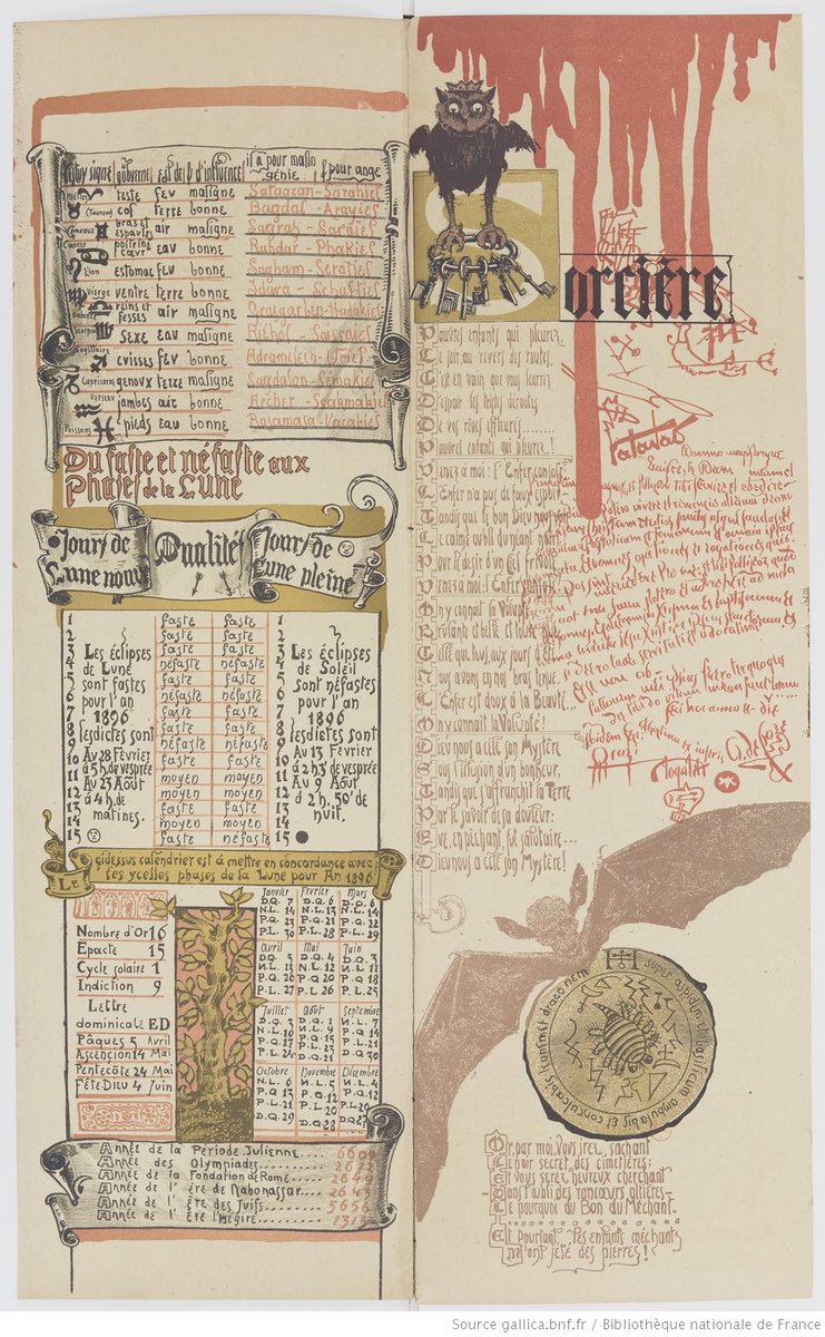 El Calendrier Magique (1896) fue una obra de Austin De Croze que contó con las ilustraciones del pintor italiano Manuel Orazi. Solamente se imprimieron 777 copias de esta maravilla plagada de referencias al ocultismo.

Vista completa: gallica.bnf.fr/ark:/12148/btv…