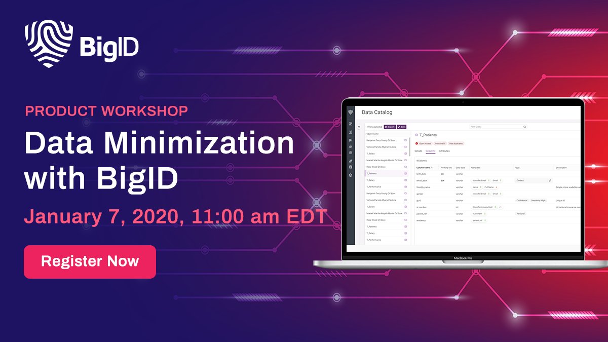 Want to kickstart your #DataMinimization project? Learn how to automatically discover duplicate, similar, &amp; redundant #Data — &amp; take action to minimize data risk. Register for the #BigID product workshop here >> bigid.co/2Wf5E4Q #DataManagement #DataDiscovery #Cloud