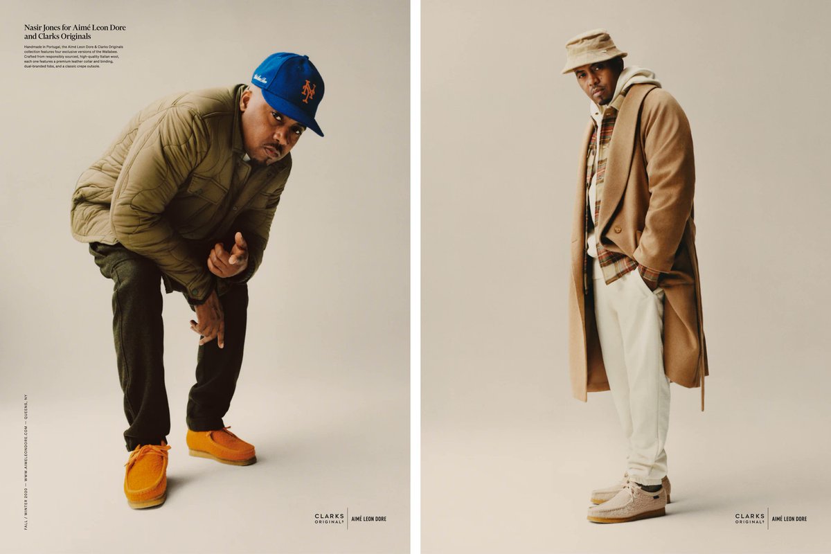 1/  @Nas x  @AimeLeonDore The ever-classic Wallabees look so, so good here. You see that casentino wool? What a brilliant detail to a shoe that's been staple in hip-hop over the years.Lookbook here: https://www.aimeleondore.com/blogs/news/aime-leon-dore-for-clarks-originals