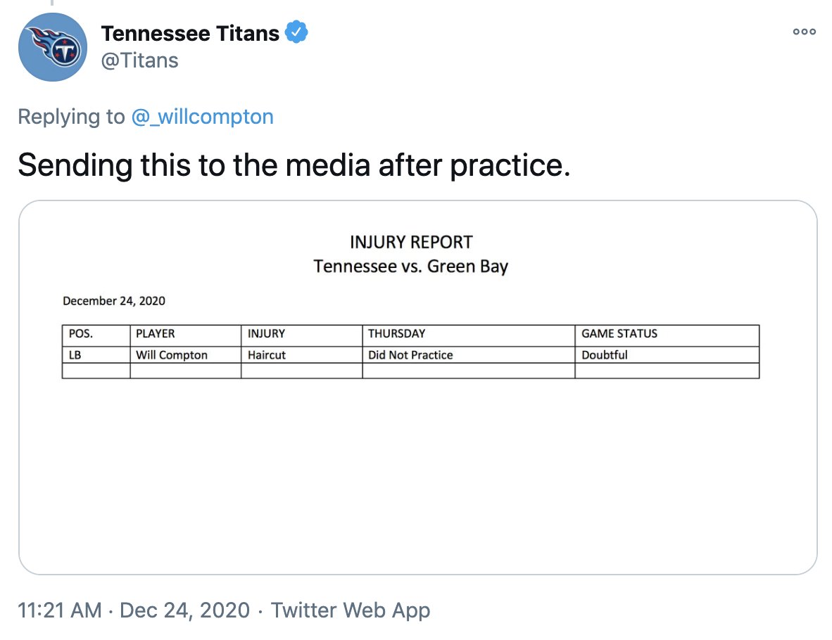 BleacherReport's tweet photo. The Titans social media account roasting Will Compton for his bad haircut @brgridiron

They even put him on the injury report 💀 https://t.co/DmgcEboX1Z