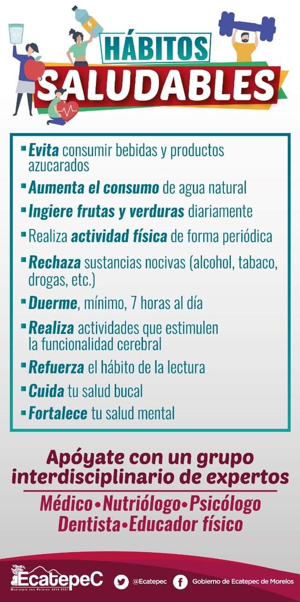 DCFyDEcatepec's tweet photo. La Dirección de Cultura Física y Deporte se preocupa por tu #salud y te invita a seguir estás recomendaciones. 
#EcatepecMunicipioConValores https://t.co/vbEUCrQjWO
