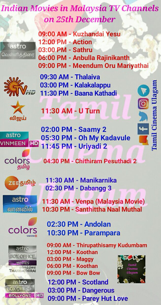 ulagam_cinema's tweet photo. Movies in Malaysia TV Channels on 25th December

#Action #Sathru #MeendumOruMariyathai #Thalaiva #Kalakalappu #BaanaKathadi #UTurn #Saamy2 #OhMyKadavule #Uriyadi2 #ChithiramPesuthadi2 #Manikarnika #Dabangg3 #Venpa #Maggy #Koothan #Andolan #Parampara #Scotland #Dangerous https://t.co/g0KZbzqfsu