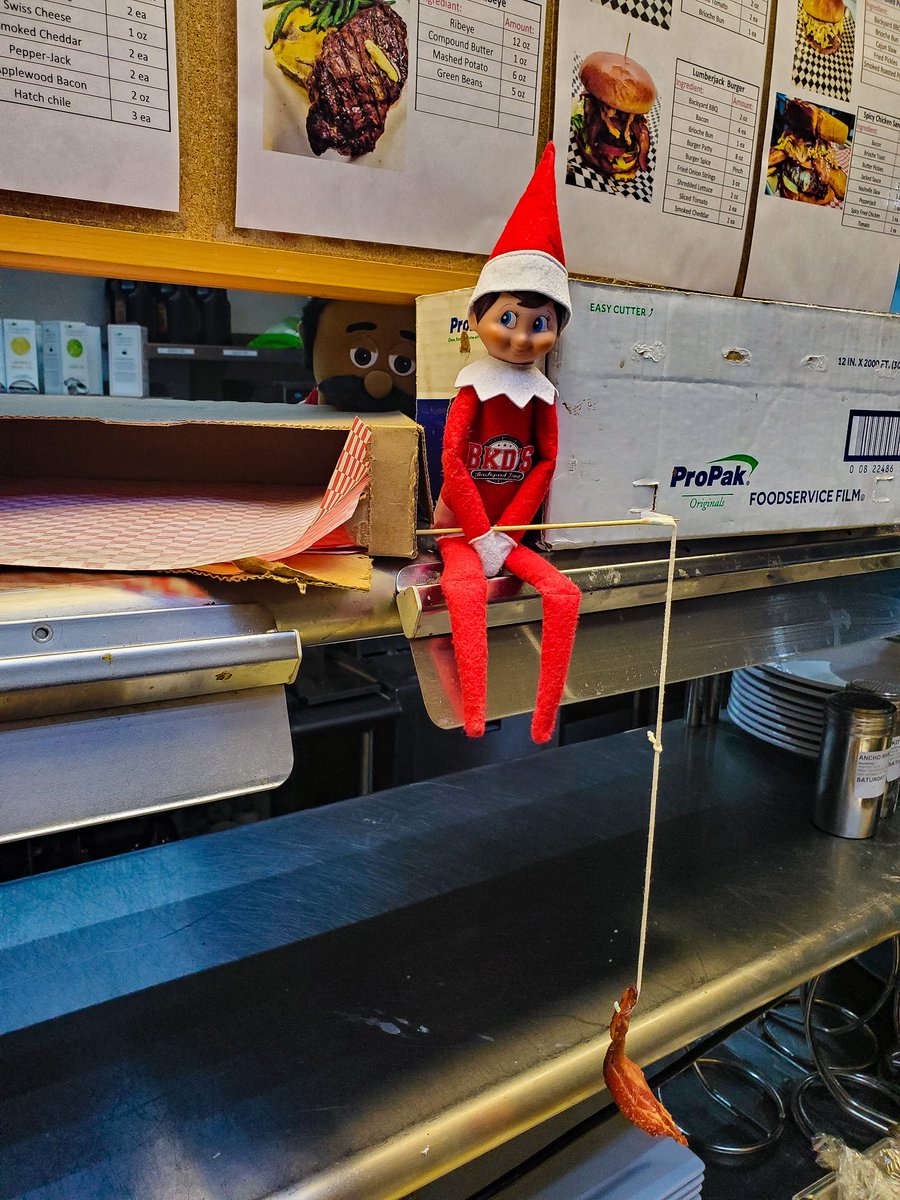 Chefmarkcoakley's tweet photo. Busted! Chef Remy caught Buddy the Elf fishing for our tasty BKD'S secret recipes. Not today Buddy...not today. #ElfOnAShelf #crazy #chefremy https://t.co/sTfSC0SEvz