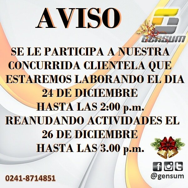 SE LE CARTICIPA A NUESTRA CONCURRIDA CLIENTELA QUE ESTAREMOS LABORANDO EL DÍA 24 DE DICIEMBRE HASTA LAS 2:00

Estamos por la Don Julio Centeno de #Valencia , frente a Oro Cauchos Láser del Big Low Center
.
#ferretería #tienda #marca #atención #Variedad #Calidad #Venezuela