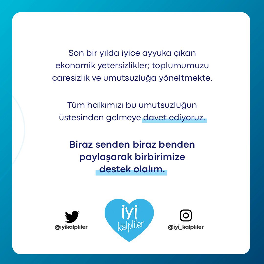 Hedefimiz destekçilerimiz arttıkça tüm Türkiye’yi saracak bir yardımlaşma ve dayanışma ağı kurmak.

İyi Kalpli destekçilerimizden biri olmak için; DM’den veya iyikalpliler@gmail.com adresinden bizimle iletişime geçebilirsiniz.