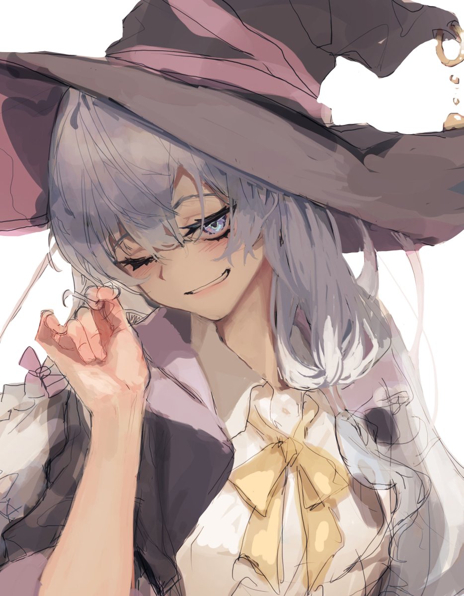 elaina (majo no tabitabi) 1girl solo hat witch hat one eye closed white background smile  illustration images