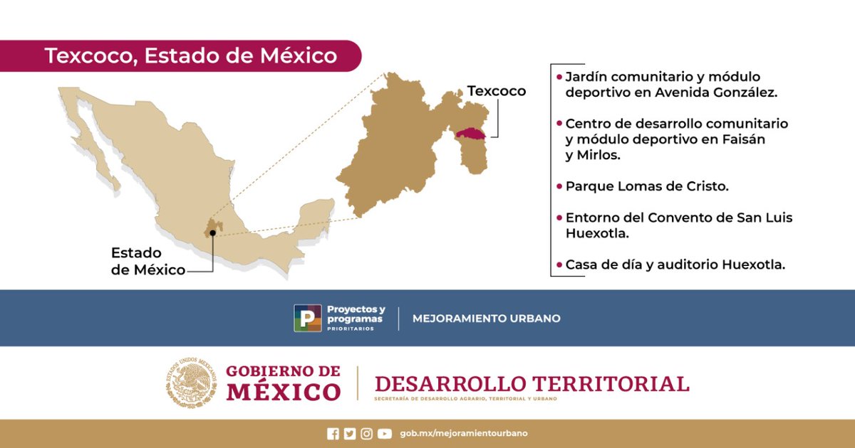 SEDATURepresent's tweet photo. #Texcoco es uno de los seis municipios del #EstadoDeMéxico que este año están siendo intervenidos por la @SEDATU_mx a través del Programa de #MejoramientoUrbano.

Estos son los nuevos espacios públicos de los que la comunidad podrá disfrutar una vez que finalice la contingencia. https://t.co/o0n9YZhfoq