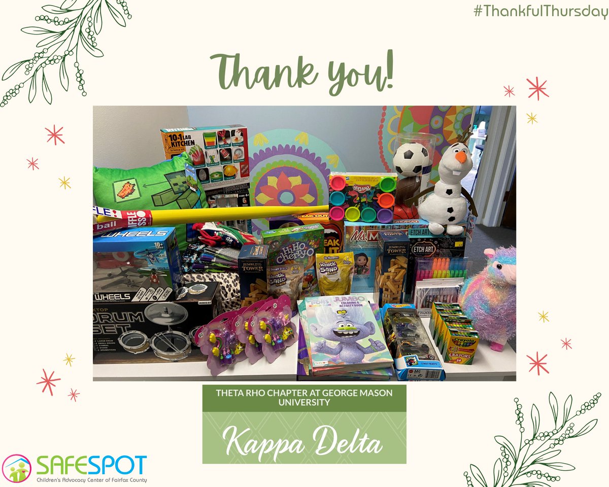 SafeSpot would like to recognize <a href="/GMUkappadelta/">Kappa Delta GMU</a> for their continued efforts in supporting the children and families we serve. Thank you for your generous donation of toys, crafts, and gift cards!  We can't wait to surprise our clients! #ThankfulThursday