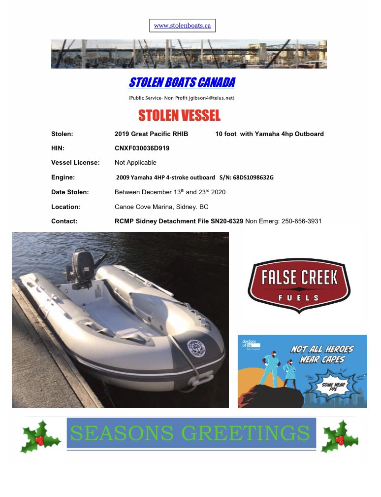VPDMarineUnit's tweet photo. Please keep a lookout for this stolen tender and outboard, taken between Dec 13th and 23rd in Sidney, BC. If located, or if you have any information, call your local police or Crimestoppers. #solvecrime https://t.co/i0Mno29ljV https://t.co/j98gol2zl1