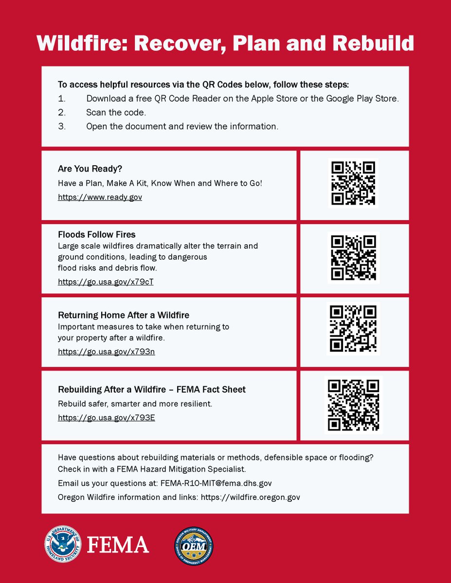 statelibraryor's tweet image. @fema&apos;s Community Education &amp;amp; Outreach program provides continuous service for those affected by historic wildfires here in Oregon. Scan the QR codes for information on beginning personal recovery efforts. #oregonlibraries #oregonwildfires