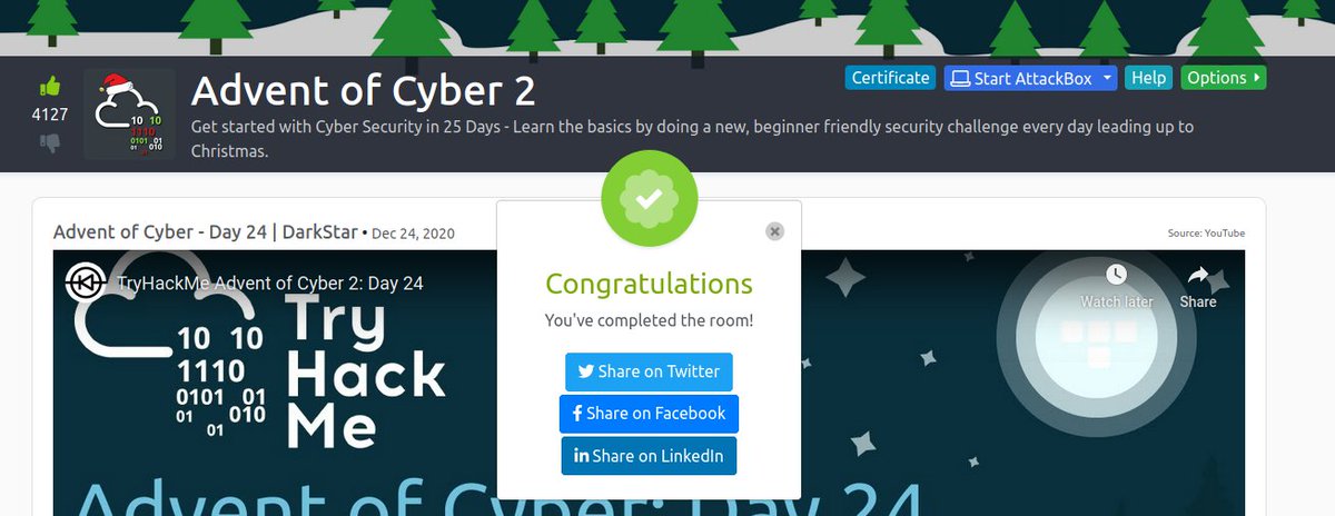 gsilvapt's tweet photo. So, #AdventOfCyber2 had to end, unfortunately. Had tons of fun with the story, learning new things and getting into the holiday spirit. Thanks for this, @tryhackme #SecurityCTF #Security #Christmas2020 https://t.co/zKg9aCzn8s
