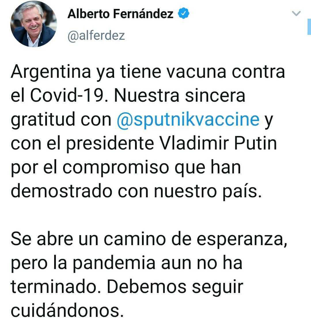 RT_russian's tweet photo. Президент Аргентины Альберто Фернандес поблагодарил разработчиков «Спутника V» и Владимира Путина за поставку вакцины в страну

Сегодня в Аргентину прибыло 300 тыс. доз. Всего планируется поставить 10 млн https://t.co/YP4ukbcezV