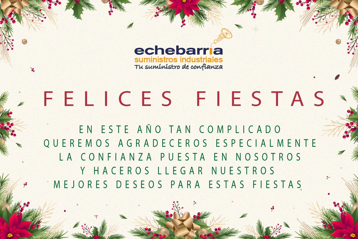 EchebarriaSumin's tweet photo. En este año tan complicado queremos agradeceros especialmente la confianza puesta en nosotros y haceros llegar nuestros mejores para estas fiestas tan señaladas.
          DESDE ECHEBARRIA SUMINISTROS ¡FELIZ NAVIDAD! https://t.co/orncGXFEIK