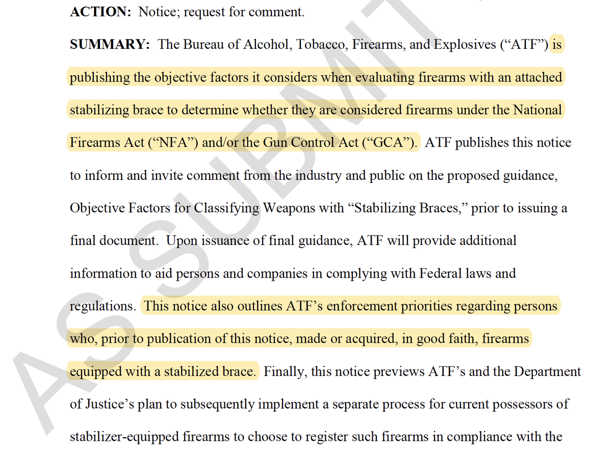 7) Again, the context here is key -- they're saying people who possess them *as of that date* (published in the Fed. Register on Dec. 18, 2020;  https://www.federalregister.gov/documents/2020/12/18/2020-27857/objective-factors-for-classifying-weapons-with-stabilizing-braces). IMPORTANT: Those who made/buy/sell brace-equipped firearms DEC. 18+ may not be extended same discretion!