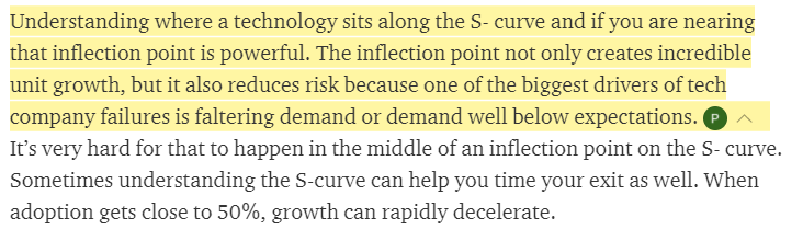 successful investing in any nascent industry can be summed up as 1. where along in the S-curve are you (is it inflecting positively? is each incremental datapoint de-risking the overall %'s of success?)