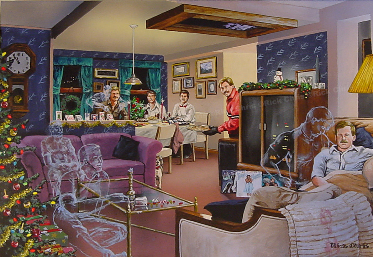 RickChris2's tweet image. 26th and final entry in my gay Advent calendar.  Completed Christmas Eve 2002. Titled "Unexpected Guests" shows a group of friends getting together for some food, drink and to look at some old photo albums on a Christmas Eve yet they might have other guests.