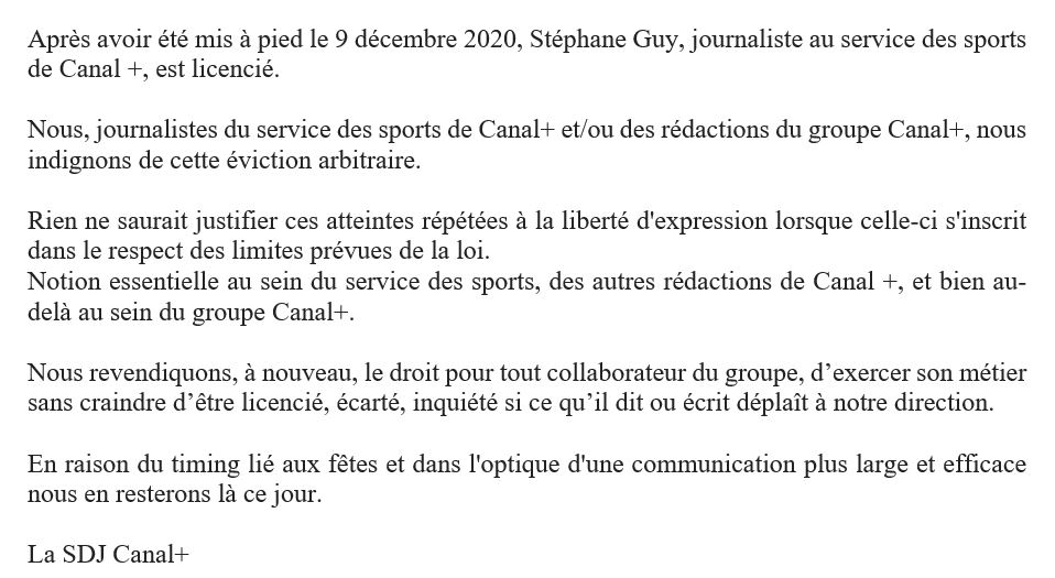 Communiqué suite au licenciement de Stéphane Guy.