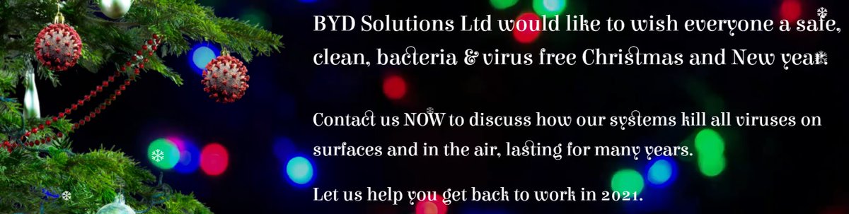 BYDSolutionsltd's tweet photo. Work for 2020 is finally over. We wish all our customers contacts &amp; friends a Merry Christmas and a Happy New Year

Lets hope 2021 is better for us all

#antibacterial #virus #bacteria #surfaces #iaq #freshair #bacterial #cleansurfaces #clean #airpollution #air #bydsolutions https://t.co/kkOvdin7ck