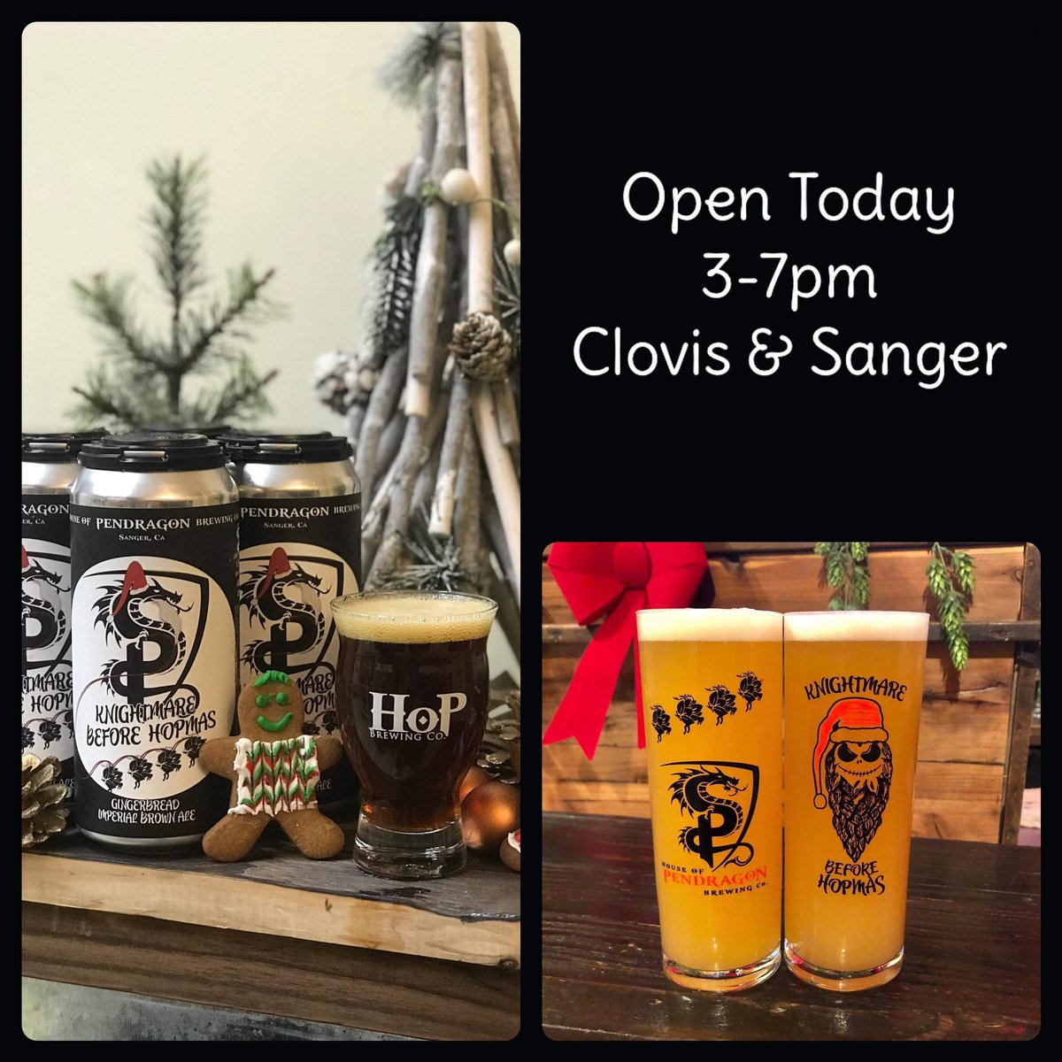 hopbeer's tweet photo. Yes we are OPEN! Both the Clovis taproom and Sanger brewery are open 3-7pm today, for that last minute shopping trip! Whether it be for that last minute beer haul or a few stocking stuffers. We still have the Knightmare before HoPmas glass &amp; 4 pls available. Cheers! https://t.co/o1hy71xYli