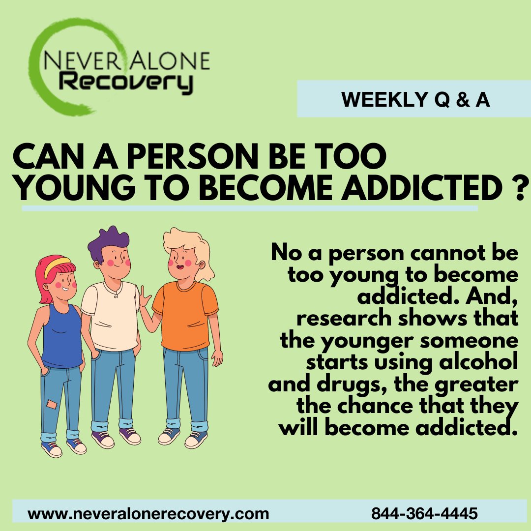 NeverAloneRecov's tweet photo. Q &amp; A time ⏰ ❓ 🤔
Can a person be too young to become addicted?

#Addiction #Recovery #SubstanceAbuse #MentalHealth #AddictionFacts #Q&amp;A #NeverAloneRecovery #NeverAlone #SilenceKills #ReachOut https://t.co/DSyI0GM4zd