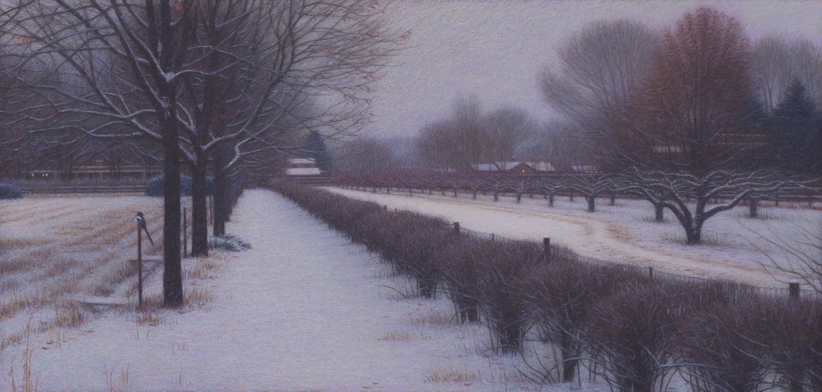 Valley_House's tweet photo. Happy Holidays and Merry Christmas from Valley House! We wish you and yours a peaceful and healthy holiday season. The gallery and garden will be open by appointment only from Christmas Eve through New Year's Day. 

Image:  Brian Cobble, “La Pie,” 2020, pastel, 10 x 21 inches https://t.co/uI68l6HIxk