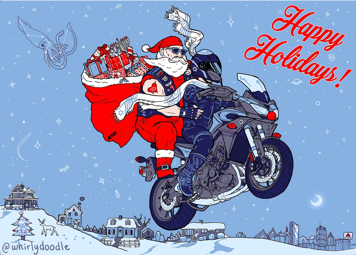 WhirlyDoodle's tweet photo. Happy Holidays! Here's a card I made for a moto buddy who celebrates both Xmas & Hanukkah. Featuring a biker Santa and a rabbi in racing leathers🕯️🕎🎄🎁🏍️
#myart #MerryChristmas #ChristmasEve #Christmas #HappyHanukkah #HappyHolidays #motorcycles #Fj09 #Yamaha #MT09 #ATGATT https://t.co/86Kobvi33v