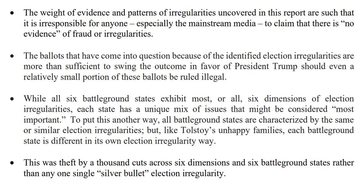 11/ *Key Takeaways* The failure to aggressively & fully investigate the six dimensions of election irregularities assessed in this report is a signal failure not just of our anti-Trump mainstream media & censoring social media but also of our legislative & judicial branches.