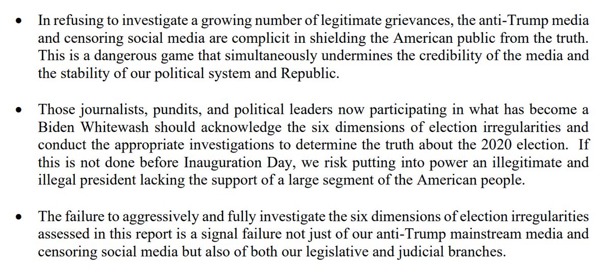 11/ *Key Takeaways* The failure to aggressively & fully investigate the six dimensions of election irregularities assessed in this report is a signal failure not just of our anti-Trump mainstream media & censoring social media but also of our legislative & judicial branches.