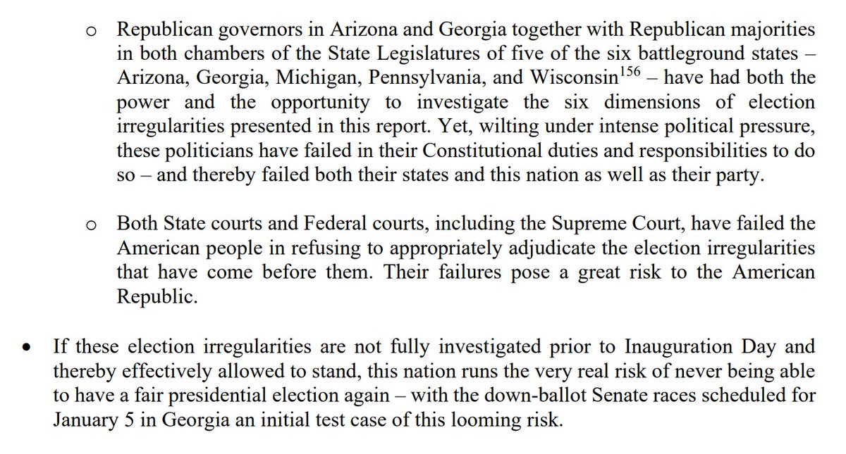 11/ *Key Takeaways* The failure to aggressively & fully investigate the six dimensions of election irregularities assessed in this report is a signal failure not just of our anti-Trump mainstream media & censoring social media but also of our legislative & judicial branches.