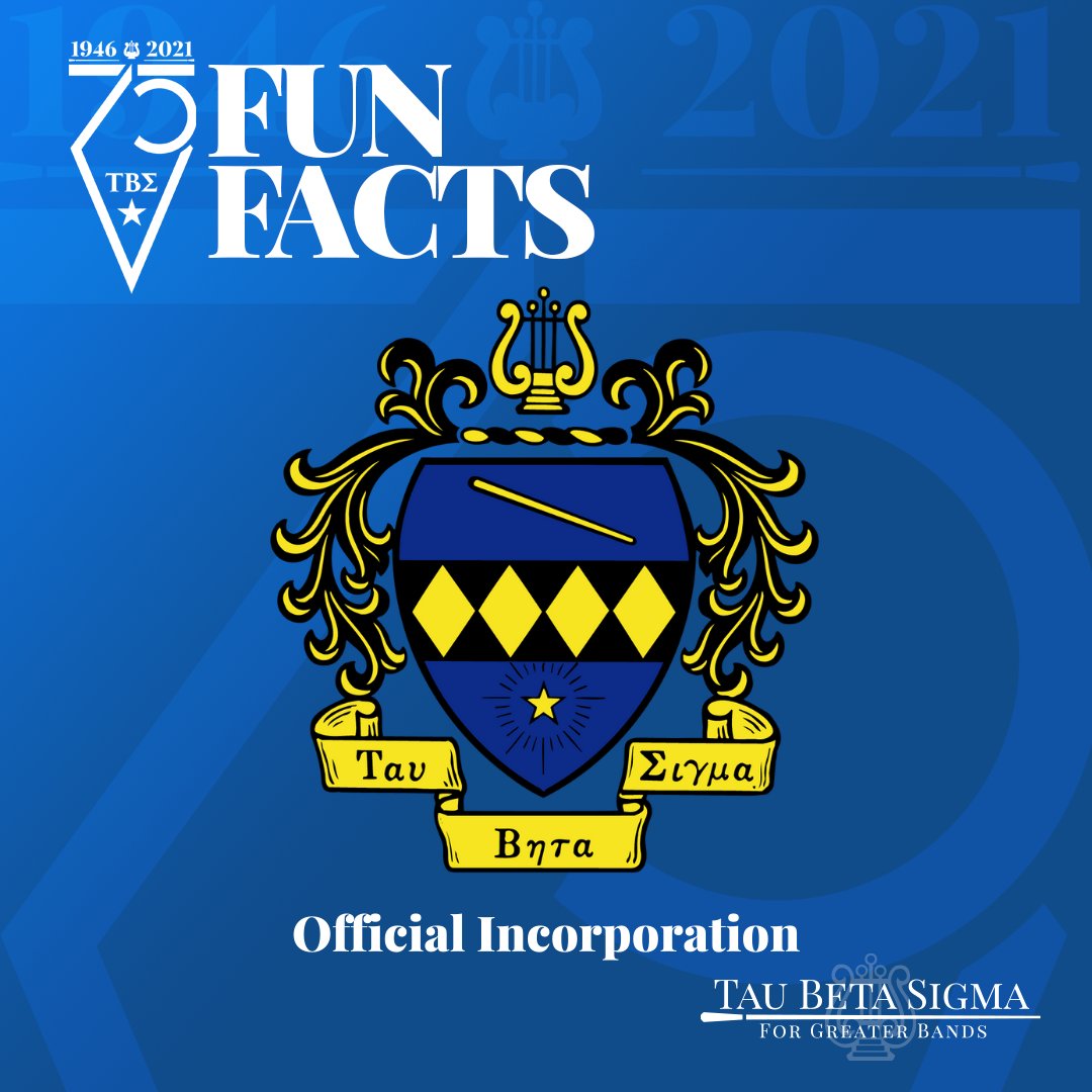 TauBetaSigma's tweet photo. As we near our 75th Anniversary, we will be sharing some fun facts about our wonderful organization.  

On March 26, 1946 in Oklahoma City, OK, Tau Beta Sigma was formally incorporated by the State of Oklahoma. 

#75FunFacts #TBSFunFactDay https://t.co/8jxV4e0XTa