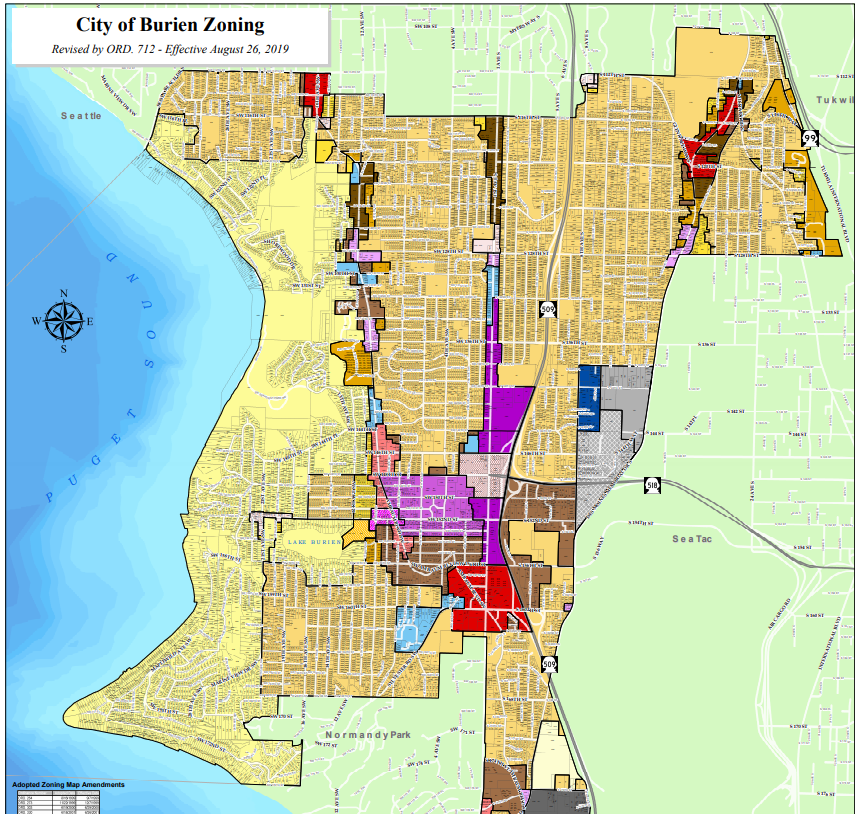 Burien, just south of Seattle. All this orange is 1 home per 7200 sq ft. All the yellow is 3 homes an acre
