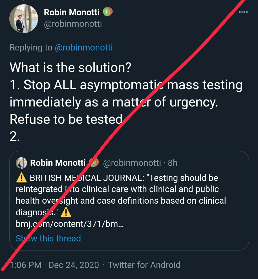 7/ But despite all of this, and despite it's not even about PCR testing here, the Twitter user claims all testing is a fraud, and that you should refuse to get tested. That's really bad and harmful advice!