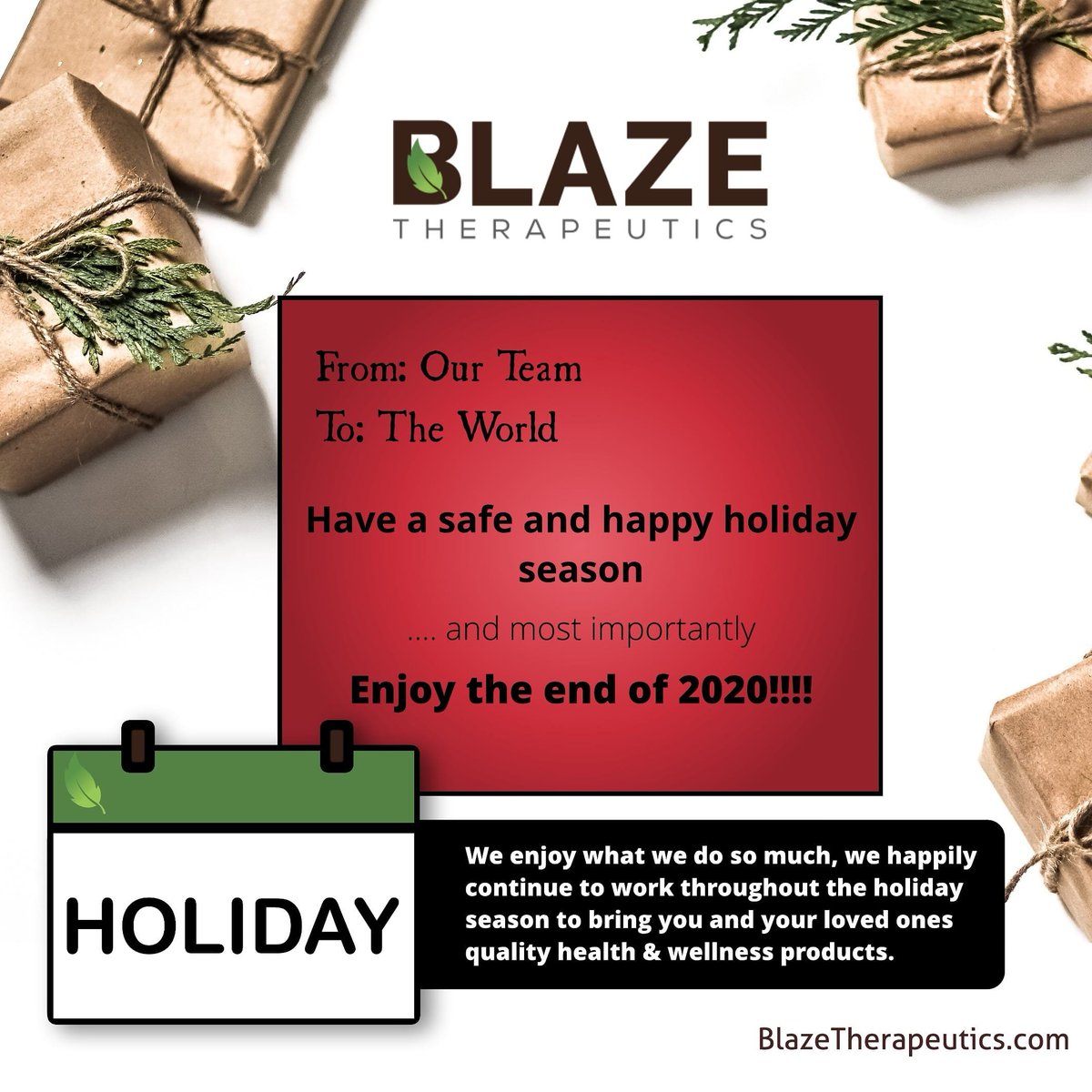 BlazeTherapy's tweet photo. #Holiday Message: Special thanks to all of our friends, fellow #HealthcareWorkers, #followers &amp; #healthconscious ppl for sticking with us through such a #tough2020.

Have a safe &amp; happy #HolidaySeason &amp; most importantly...enjoy the end of #2020!!!! 

#BlazeTherapy #CBD #HEMP https://t.co/IM6vO1qt2U