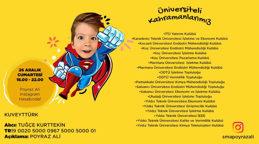 itukuluplerb's tweet photo. SMA hastası Poyraz Ali için organize ettiğimiz "Üniversiteli Kahramanlarımız" gecesi 26 Aralık Cumartesi saat 18:00-22:00 arasında @smapoyrazali Instagram hesabında gerçekleşecektir. Canlı yayında Poyraz Ali için tek bir yürek olmaya herkesi davet ediyoruz. https://t.co/MlXpU2cdA0
