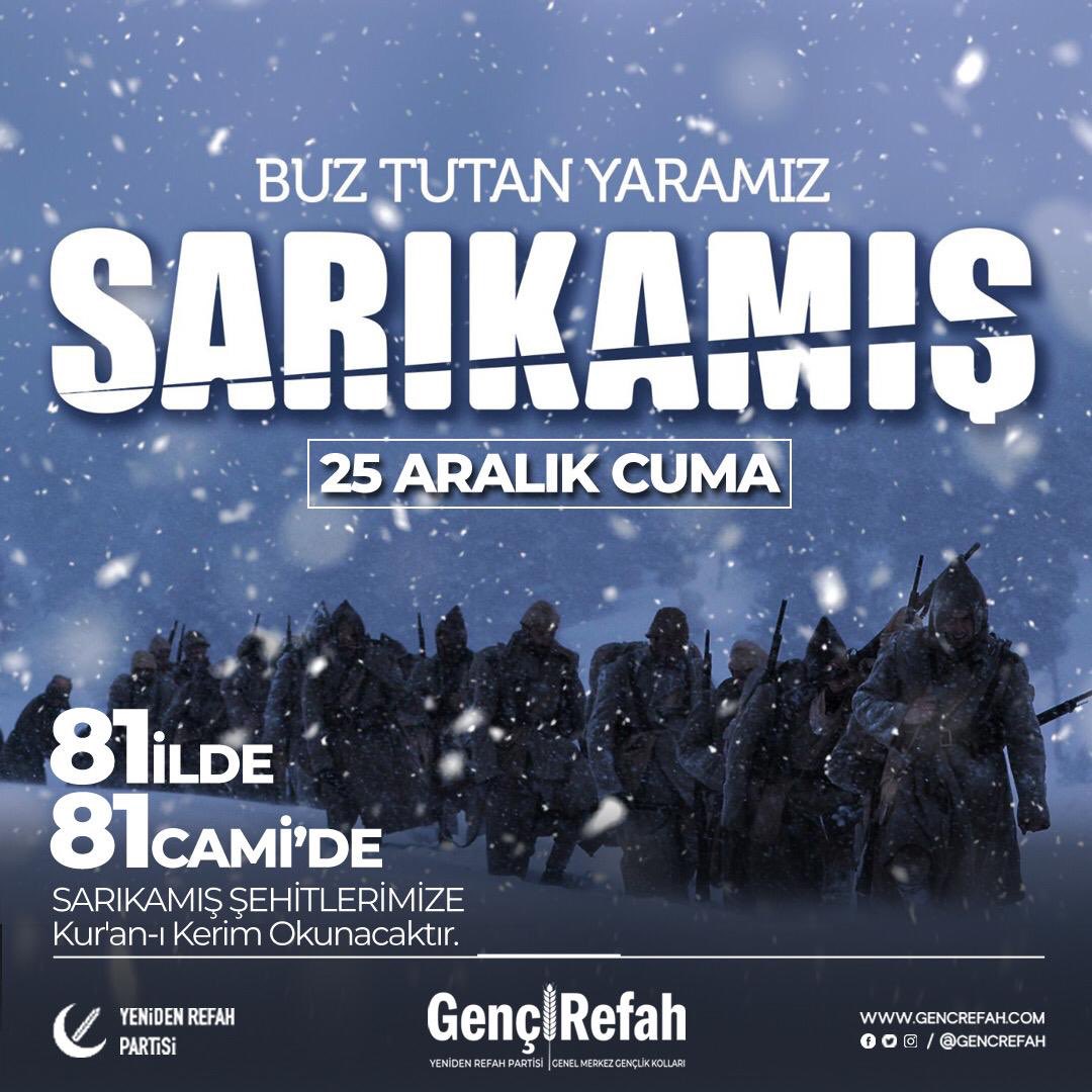 25 Aralık Cuma günü Akşam ve Yatsı namazı arasında 81 ilimizde ve 81 camimizde Sarıkamış şehitlerimize Kuran-ı Kerim okunacaktır.
