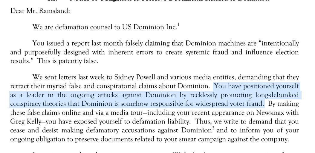 To Lin Wood's purported expert who confused Michigan with Minnesota:"You have positioned yourself as a leader in the ongoing attacks against Dominion by recklessly promoting long-debunked conspiracy theories that Dominion is somehow responsible for widespread voter fraud."